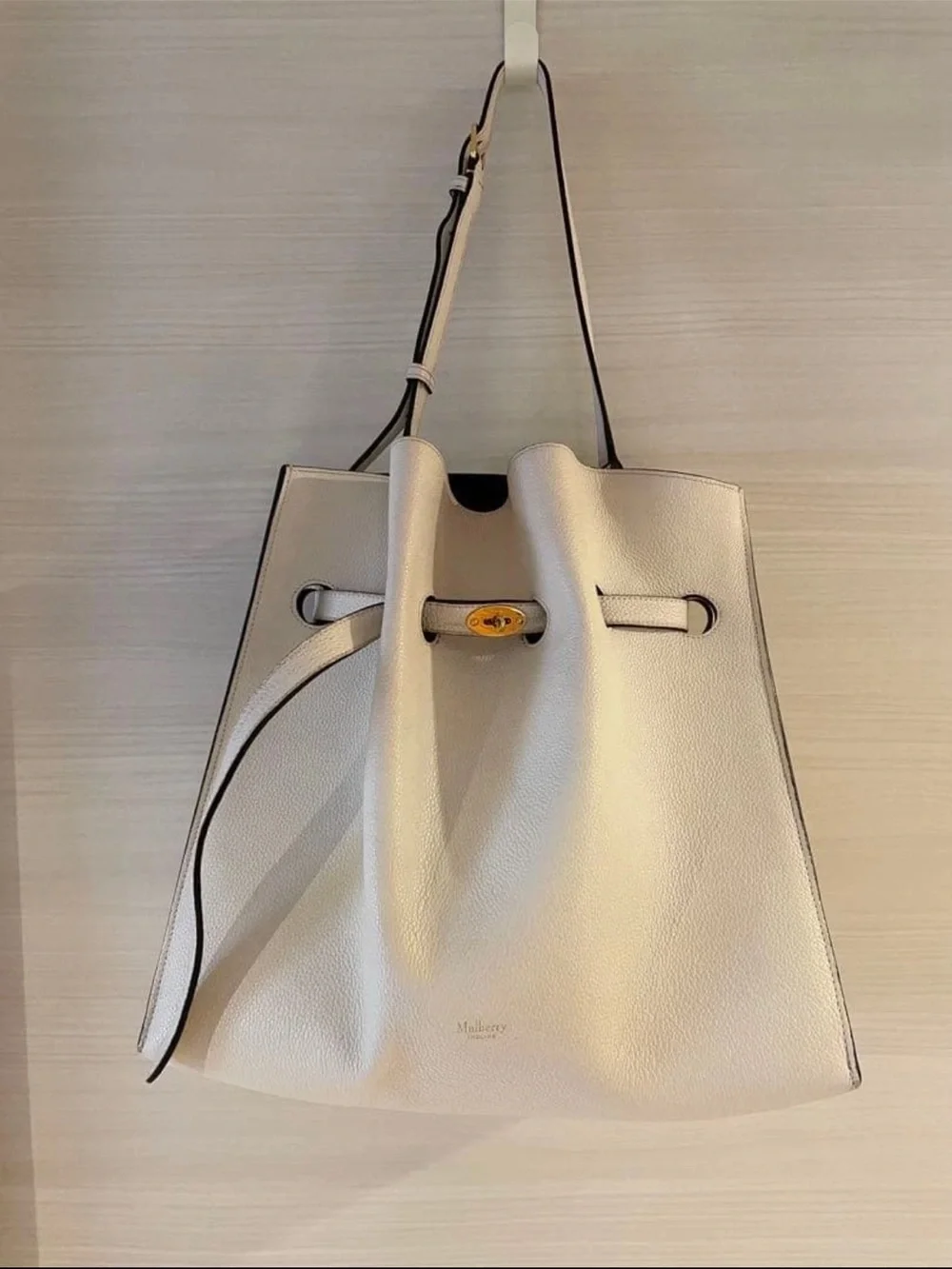 Mulberry Cream Leather Drawstring Tote with Gold-Tone Lock